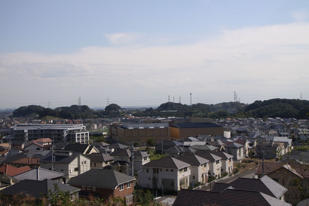 高台から見たはるひ野地区。手前に屋根の並ぶ一戸建ての家、奥に大きな建物と緑の丘が見える