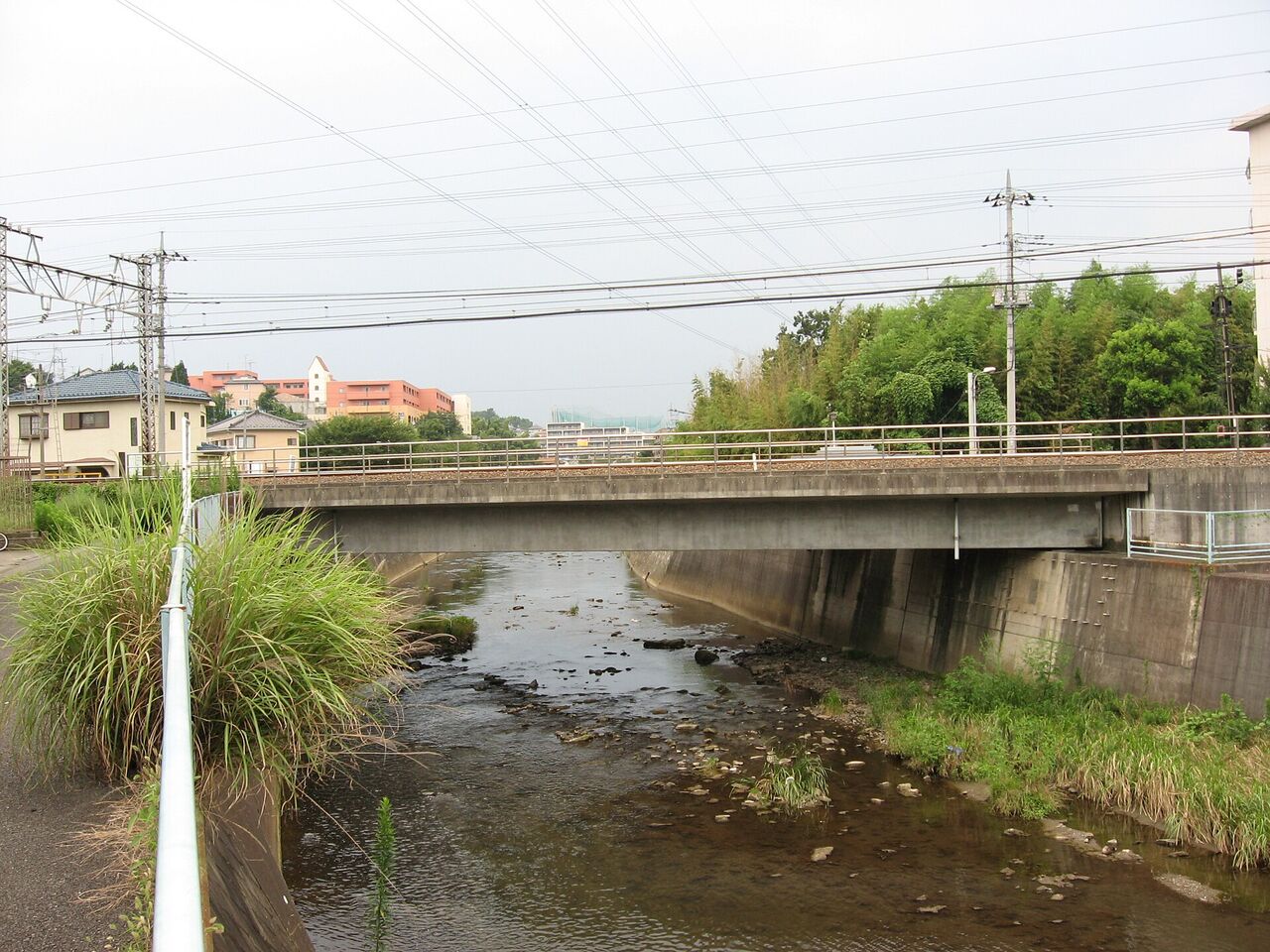 鶴見川の新川井田橋。川の両側にコンクリートの護岸があり、橋の向こうに住宅が見える