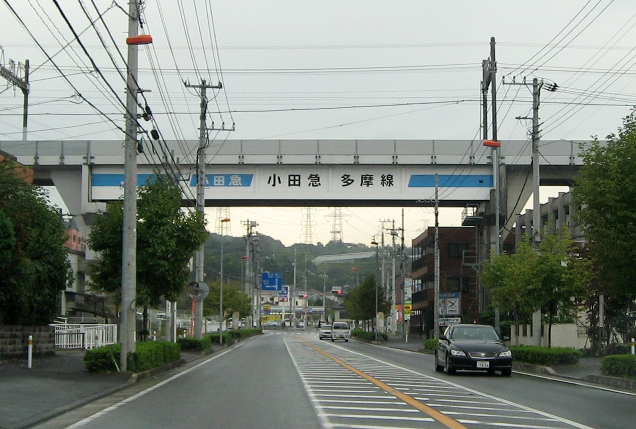 片側1車線の広い道路の上を、「小田急 多摩線」と書かれた高架橋がまたいでいる。道の両側に電柱と街路樹が並ぶ（2008年撮影）