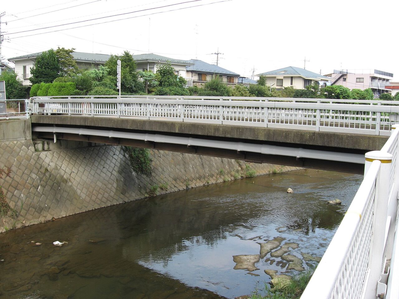 鶴見川にかかる岡上橋。白い欄干の橋の下を浅い川が流れ、奥に住宅が並ぶ